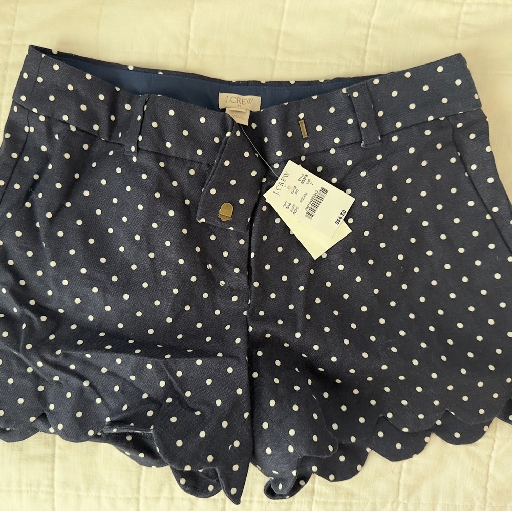 J. Crew Navy and White Polka Dot Scalloped Hem Shorts